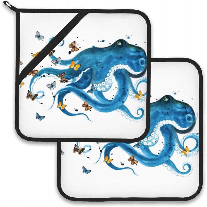 Blue Octopus Butterfly Pot Holder Set of 2,Heat Resistant Potholders Oven Hot Pads for Kitchen Cooking Baking BBQ