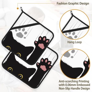 Cute Funny Black Cat Pot Holder Set of 2,Heat Resistant Potholders Oven Hot Pads for Kitchen Cooking Baking BBQ