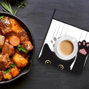 Cute Funny Black Cat Pot Holder Set of 2,Heat Resistant Potholders Oven Hot Pads for Kitchen Cooking Baking BBQ