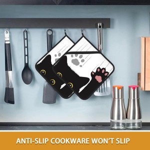 Cute Funny Black Cat Pot Holder Set of 2,Heat Resistant Potholders Oven Hot Pads for Kitchen Cooking Baking BBQ