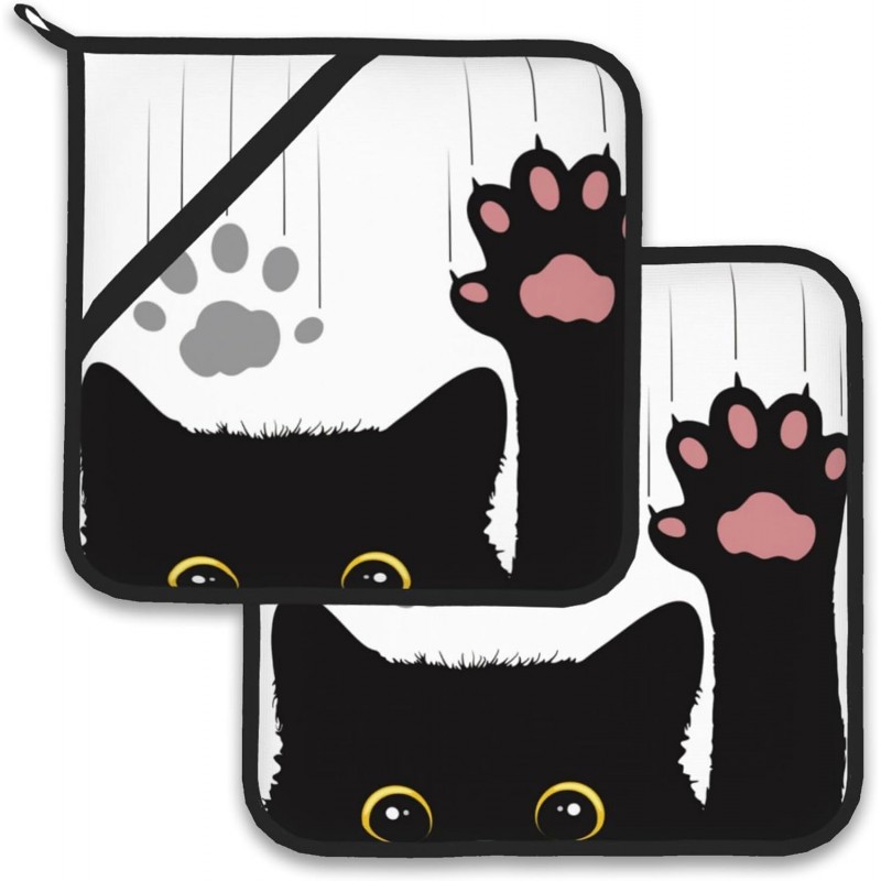 Cute Funny Black Cat Pot Holder Set of 2,Heat Resistant Potholders Oven Hot Pads for Kitchen Cooking Baking BBQ