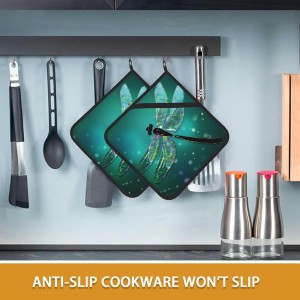 Fantasy Green Dragonfly Pot Holder Set of 2,Heat Resistant Potholders Oven Hot Pads for Kitchen Cooking Baking BBQ