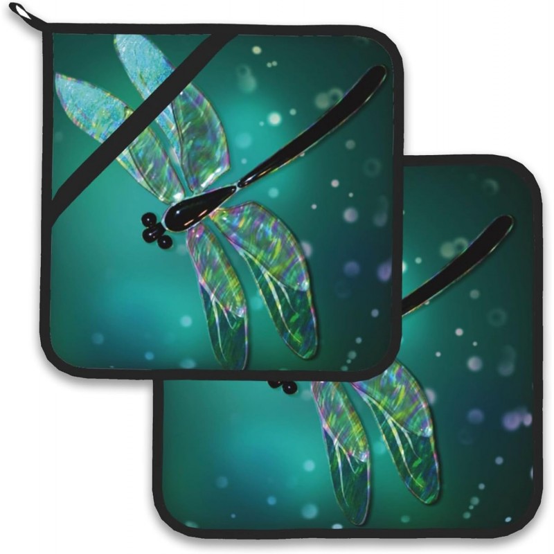 Fantasy Green Dragonfly Pot Holder Set of 2,Heat Resistant Potholders Oven Hot Pads for Kitchen Cooking Baking BBQ