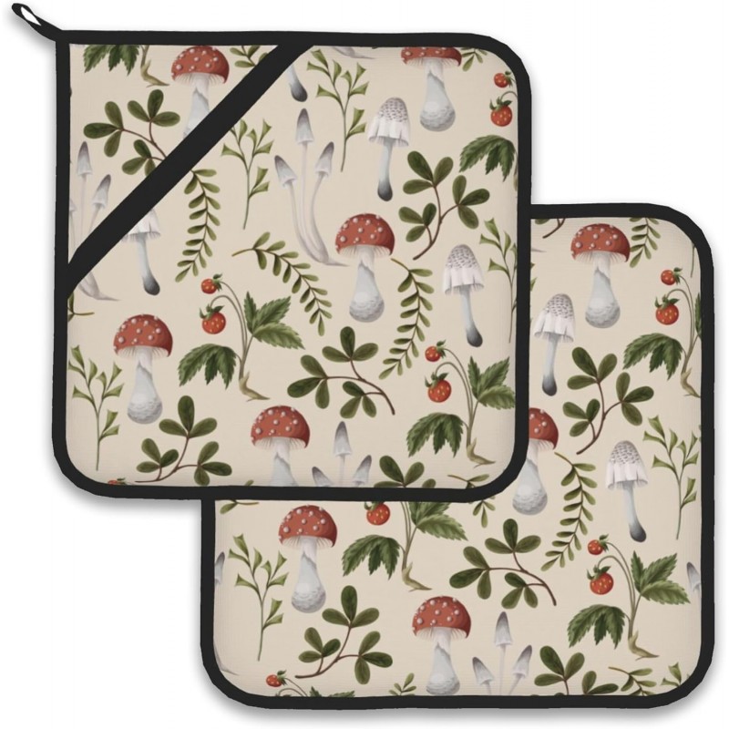 Vintage Mushroom Strawberry Pot Holder Set of 2,Heat Resistant Potholders Oven Hot Pads for Kitchen Cooking Baking BBQ