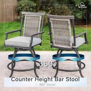 MFSTUDIO 3-Piece Outdoor Bar Set with 2 Swivel Wicker Rattan Bar Chairs and 1 Metal Table, Outdoor Patio Counter Height Table and Chairs