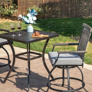 MFSTUDIO 3-Piece Outdoor Bar Set with 2 Swivel Wicker Rattan Bar Chairs and 1 Metal Table, Outdoor Patio Counter Height Table and Chairs