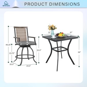 MFSTUDIO 3-Piece Outdoor Bar Set with 2 Swivel Wicker Rattan Bar Chairs and 1 Metal Table, Outdoor Patio Counter Height Table and Chairs