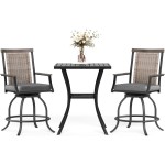 MFSTUDIO 3-Piece Outdoor Bar Set with 2 Swivel Wicker Rattan Bar Chairs and 1 Metal Table, Outdoor Patio Counter Height Table and Chairs