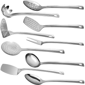 Stainless Steel Cooking Utensils Set 9 Piece, Kitchen Utensil Set Stainless Steel, Metal Cooking Tools Set, Heat Resistant, Dishwasher Safe, Premium Cooking Utensils 13-Inch