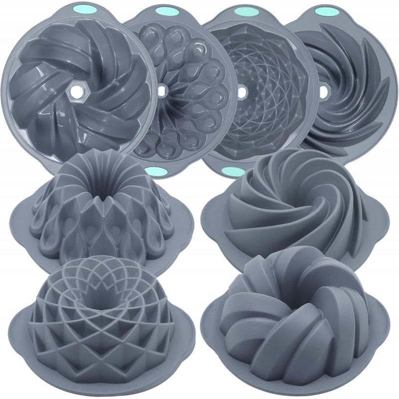 Tongjude 4 Pieces Silicone Fluted Cake Pans, 9/10/12 Cups Tube Baking Pan, Silicone Molds for Homemade Cake, Bread and Jello, Non-Stick, Grey
