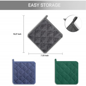 Potholders, Pot Holders for Kitchen Heat Resistant Cotton Hot Pads with Hanging Loops, 3-Pack (Blue+Gray+Green)