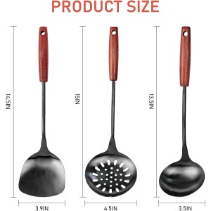 FJNATINH Wok Spatula and Ladle,Skimmer Ladle Tool Set, 17inches Spatula for Wok, 304 Stainless Steel Wok Spatula,Black