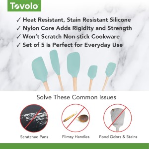 Tovolo Silicone Spatula with Wooden Handle Set of 5 Piece Silicone Kitchen Utensil Set Spoonula Jar Scraper Mini Spatula and Spoonula for Cooking Baking Mixing Folding Aqua Seafoam Green