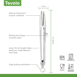 Tovolo Tongs With Silicone Tips Easy Grip 13” Long Kitchen Tongs Stainless Steel Handle For Cooking BBQ, Non Scratch Heat Resistant Locking Metal Silicone Tipped Dishwasher Safe BPA Free, White