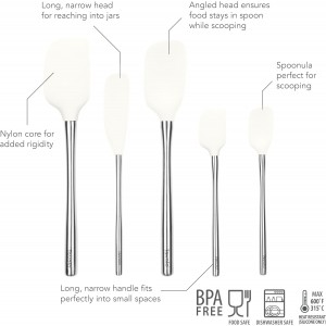 Tovolo Stainless Steel Handled Silicone Spatula Set of 5 White, Dishwasher Safe Kitchen Spatula Set for Cooking Baking, Non Toxic BPA Free Silicone Spatula set with Metal Steel Handle