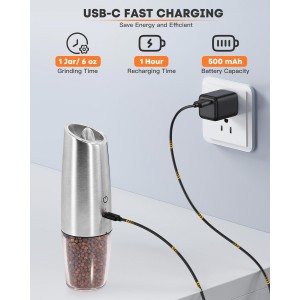 AmuseWit Gravity Electric Salt and Pepper Grinder Set [White Light] USB Rechargeable Automatic Pepper and Salt Mills,Adjustable Coarseness,One-Handed Operation,Stainless Steel