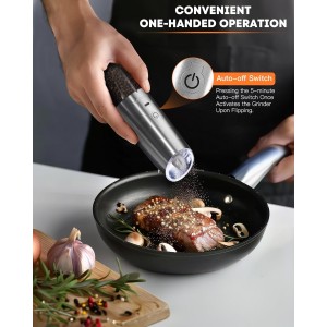 AmuseWit Gravity Electric Salt and Pepper Grinder Set [White Light] USB Rechargeable Automatic Pepper and Salt Mills,Adjustable Coarseness,One-Handed Operation,Stainless Steel