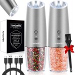 AmuseWit Gravity Electric Salt and Pepper Grinder Set [White Light] USB Rechargeable Automatic Pepper and Salt Mills,Adjustable Coarseness,One-Handed Operation,Stainless Steel