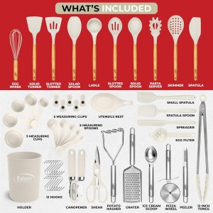 Kaluns 50 PCS Silicone Kitchen Utensils Set Complete Kitchen Set - 800°F Heat Resistant Non-Stick Premium Cooking Utensils W Wooden Handles - Can Opener, Masher, Turner, Silicone Spatula Set