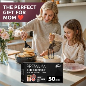 Kaluns 50 PCS Silicone Kitchen Utensils Set Complete Kitchen Set - 800°F Heat Resistant Non-Stick Premium Cooking Utensils W Wooden Handles - Can Opener, Masher, Turner, Silicone Spatula Set