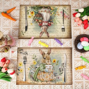 Set of 6 Easter Placemats 12 x 18 Inch Bunny Flower Easter Eggs Washable Placemats, Rustic Vintage Spring Rabbits Tulip Table Mats Dining Table Decor for Home Farmhouse Kitchen and Restaurant(Bunny)