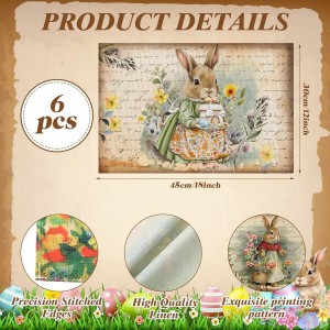 Set of 6 Easter Placemats 12 x 18 Inch Bunny Flower Easter Eggs Washable Placemats, Rustic Vintage Spring Rabbits Tulip Table Mats Dining Table Decor for Home Farmhouse Kitchen and Restaurant(Bunny)