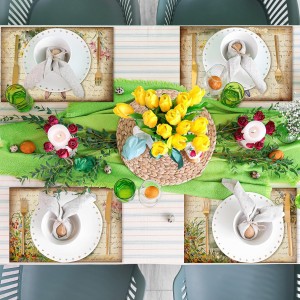 Set of 6 Easter Placemats 12 x 18 Inch Bunny Flower Easter Eggs Washable Placemats, Rustic Vintage Spring Rabbits Tulip Table Mats Dining Table Decor for Home Farmhouse Kitchen and Restaurant(Bunny)