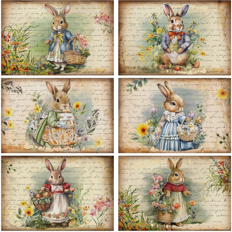 Set of 6 Easter Placemats 12 x 18 Inch Bunny Flower Easter Eggs Washable Placemats, Rustic Vintage Spring Rabbits Tulip Table Mats Dining Table Decor for Home Farmhouse Kitchen and Restaurant(Bunny)