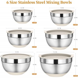 Mixing Bowls with Lids Set, 6 Piece Stainless Steel Nesting Storage Bowls for Kitchen, with 3 Grater Attachments & Non-Slip Bottoms, Size 5.5,3.5,2.5,2.1,1.5,1.1 QT