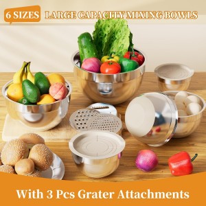 Mixing Bowls with Lids Set, 6 Piece Stainless Steel Nesting Storage Bowls for Kitchen, with 3 Grater Attachments & Non-Slip Bottoms, Size 5.5,3.5,2.5,2.1,1.5,1.1 QT