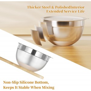 Mixing Bowls with Lids Set, 6 Piece Stainless Steel Nesting Storage Bowls for Kitchen, with 3 Grater Attachments & Non-Slip Bottoms, Size 5.5,3.5,2.5,2.1,1.5,1.1 QT