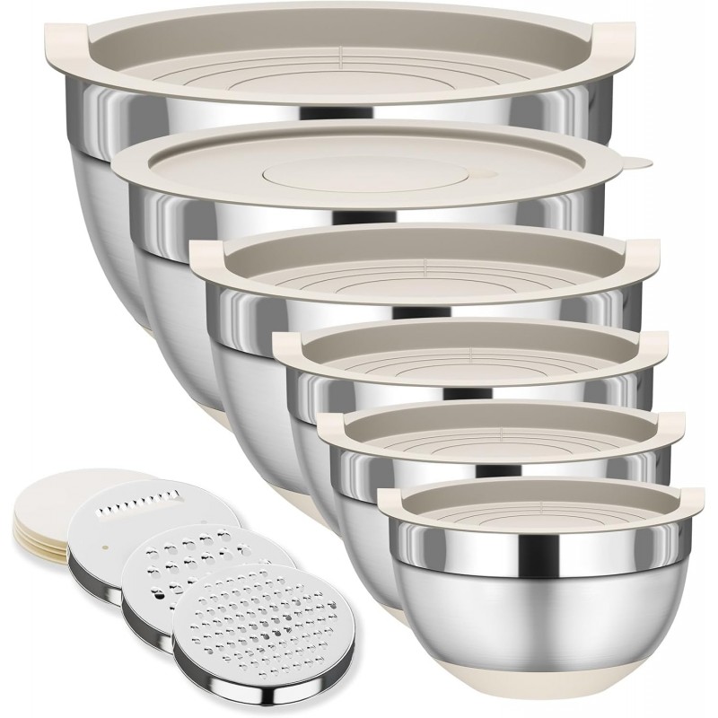 Mixing Bowls with Lids Set, 6 Piece Stainless Steel Nesting Storage Bowls for Kitchen, with 3 Grater Attachments & Non-Slip Bottoms, Size 5.5,3.5,2.5,2.1,1.5,1.1 QT