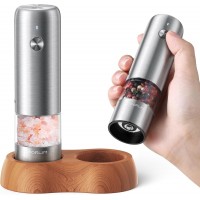 FORLIM Mini Electric Salt and Pepper Grinder Set with Wood Base, USB Rechargeable, Small Automatic Salt Pepper Mill Grinder, Travel/Outdoor BBQ/Children, One-Button Control (2 Packs, Stainless Steel)