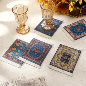 Preboun 10 Pcs Rug Table Coasters Table Drink Holder Vintage Oriental Design Fabric Carpet Drink Mat Moroccan Oriental Design Fabric Elegant Carpet Middle Eastern Gifts for Home Kitchen Bar(Classic)