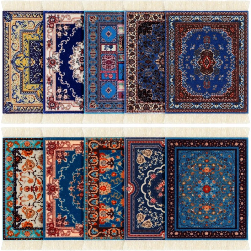 Preboun 10 Pcs Rug Table Coasters Table Drink Holder Vintage Oriental Design Fabric Carpet Drink Mat Moroccan Oriental Design Fabric Elegant Carpet Middle Eastern Gifts for Home Kitchen Bar(Classic)