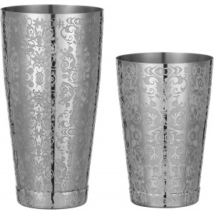 Stainless Steel Boston Shaker with Etched Pattern Weighted Shaking Tin Set (Spirit Silver)