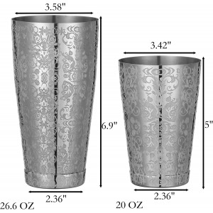 Stainless Steel Boston Shaker with Etched Pattern Weighted Shaking Tin Set (Spirit Silver)