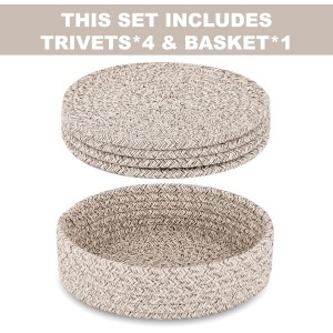 Trivets for Hot Dishes, Pots and Pans, Heat Resistant Hot Pads with Storage Basket, Pot Holders for Kitchen Countertop, Trivet Mats Home Essentials Farmhouse Decor (Brown 4 Pcs)