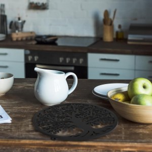 2 Pcs Cast Iron Trivet for Hot Dishes 7.1 Inch Metal Tree Trivet Set Dutch Oven Accessories Decorative Heat Resistant Tree Trivets with Rubber Feet Caps and Ring Hanger for Hot Pots and Pans