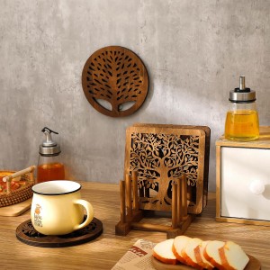 5 Pcs Life Tree Wooden Trivets with Storage Rack Hot Pads Trivets for Hot Dishes Pots and Pans Heat Resistant Mat Set Tea Pot Holders for Kitchen Dining Table(Dark Wood)
