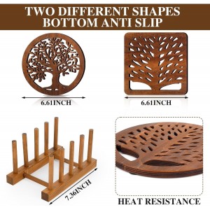 5 Pcs Life Tree Wooden Trivets with Storage Rack Hot Pads Trivets for Hot Dishes Pots and Pans Heat Resistant Mat Set Tea Pot Holders for Kitchen Dining Table(Dark Wood)