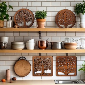 5 Pcs Life Tree Wooden Trivets with Storage Rack Hot Pads Trivets for Hot Dishes Pots and Pans Heat Resistant Mat Set Tea Pot Holders for Kitchen Dining Table(Dark Wood)