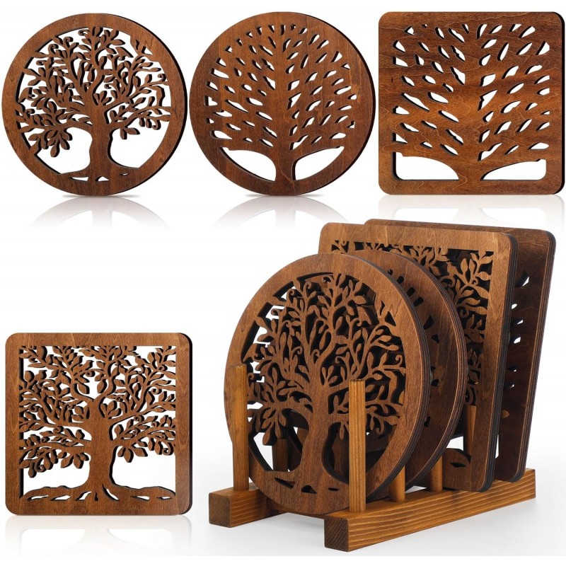 5 Pcs Life Tree Wooden Trivets with Storage Rack Hot Pads Trivets for Hot Dishes Pots and Pans Heat Resistant Mat Set Tea Pot Holders for Kitchen Dining Table(Dark Wood)