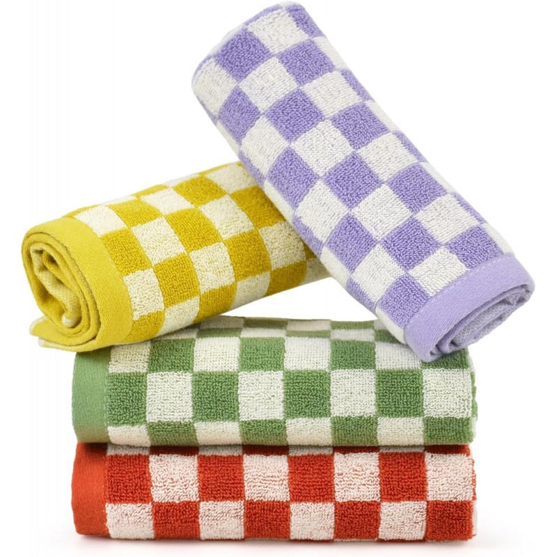 Jacquotha Wash Cloths Checkered 4 Pack 4 Colors - Cotton Washcloths for Face Body, 13 x 13 Inches Daily Cleansing Kitchen Towels