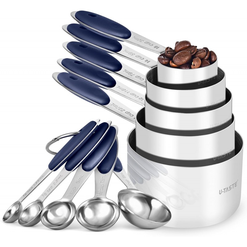 U-Taste Measuring Cups and Spoons: Food Grade 18/8 Stainless Steel Metal Measure Cups and Spoons Set of 10, Upgraded Thickness Handle (Midnight Blue)