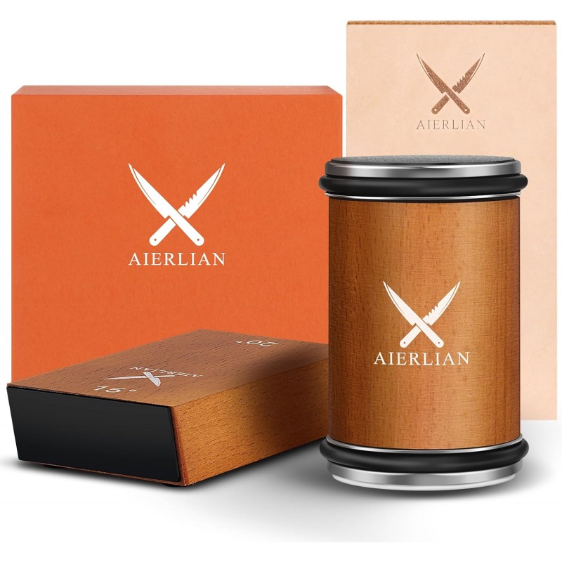 Knife Sharpener Tool, Rolling Knife Sharpener Kit, Knife Sharpening with Diamonds and Ceramic for Steel of Any Hardness, Kitchen knife Sharpener with 15 & 20 Degree Magnetic Angle(Brown)