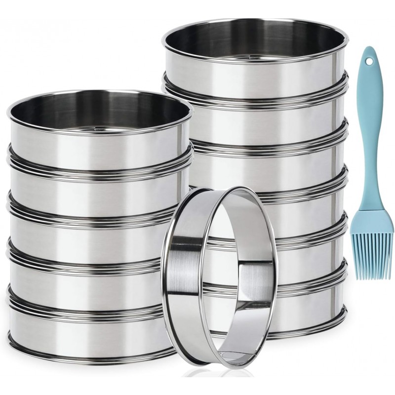 12 Pack 4 Inch Metal English Muffin Ring Nonstick Crumpet Rings Stainless Steel Double Rolled Tart Molds with Silicone Brush for Kitchen Baking