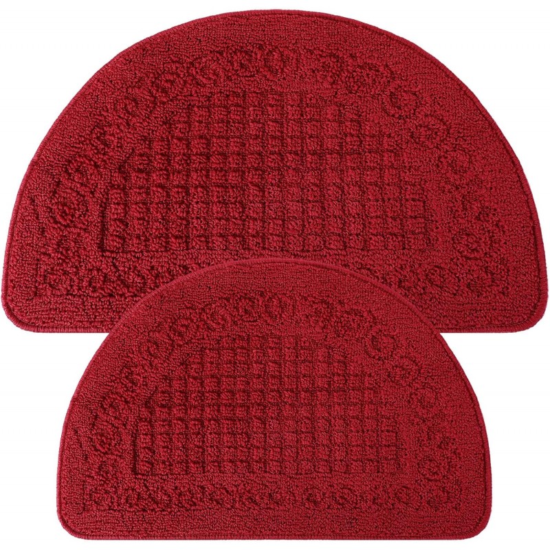 2 Pcs Kitchen Rugs 15 x 22 Inches 18 x 30 Inches Kitchen Mats Non Skid Washable Doormat Indoor Entrance Absorbent Standing Half Circle Carpet for Home Floor Patio Garage Door(Red)