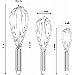 304 Stainless Steel Whisk Set, Dishwasher Safe Rustproof Metal Whisk, Professional Balloon Wire Whisks for Kitchen Cooking, Perfect For Blending, Whisking, Baking, Beating, 3 Packs (8