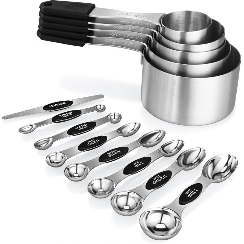 Magnetic Measuring cups and spoons Set, 5 Stainless Steel Magnetic Measuring Cup and 8 Double Sided Measuring Spoons with 1 Leveler，Kitchen Gadgets for Cooking & Baking